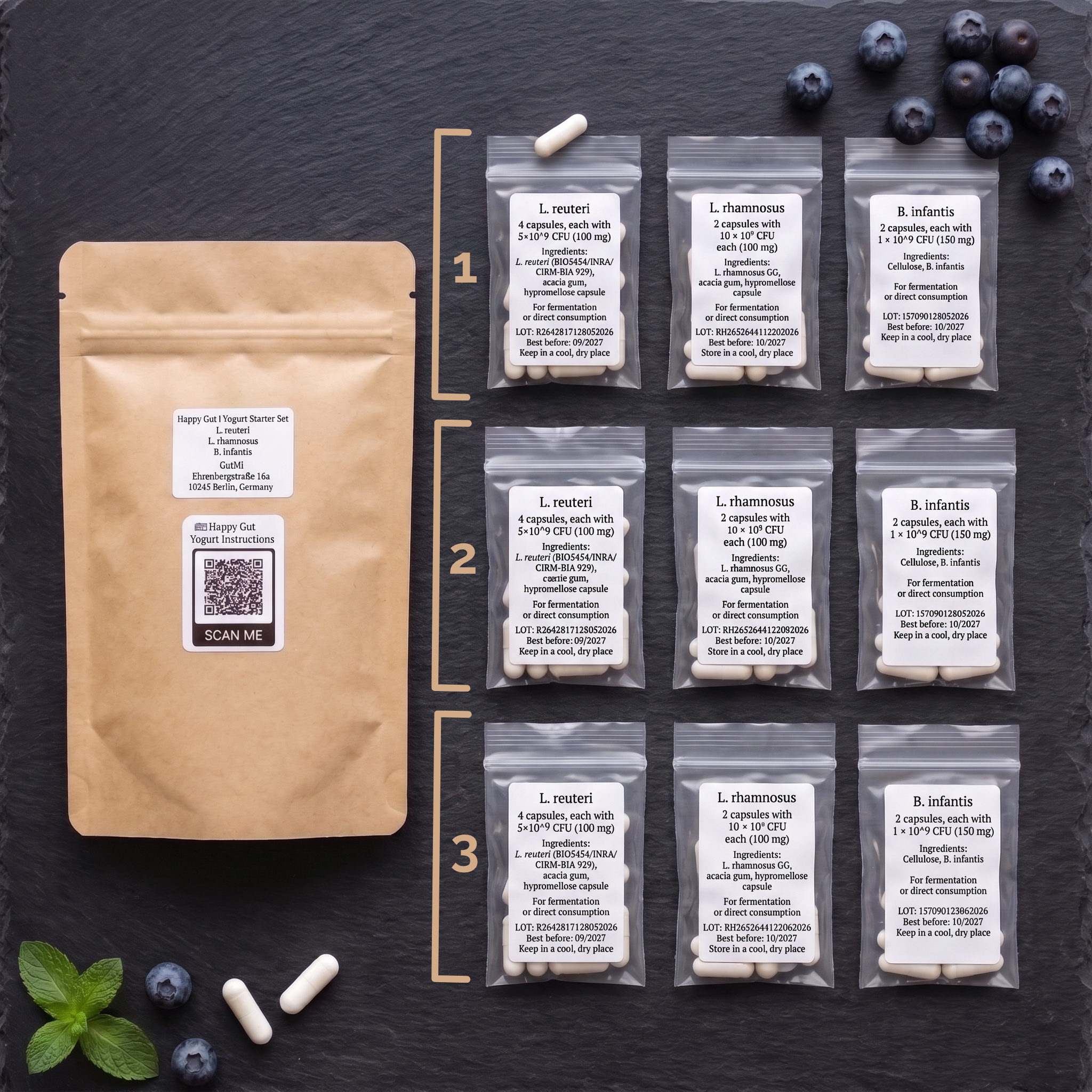L. reuteri + L. rhamnosus + B. infantis | Intestino Felice | Set iniziale per yogurt | Colture starter | 3 starter per yogurt